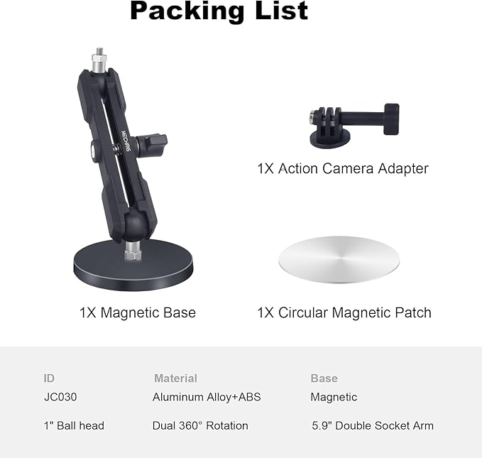 Magnetic Camera Mount for Action Camera, 12 Strong Magnet Base with 360 Rotation Ball Head- Quick Car Holder Attachment for DJl Action 5 Pro 4 Osm0 Pocket 3 GoPrO Max her0 13 12 lnsta36o X5 X4,JC030