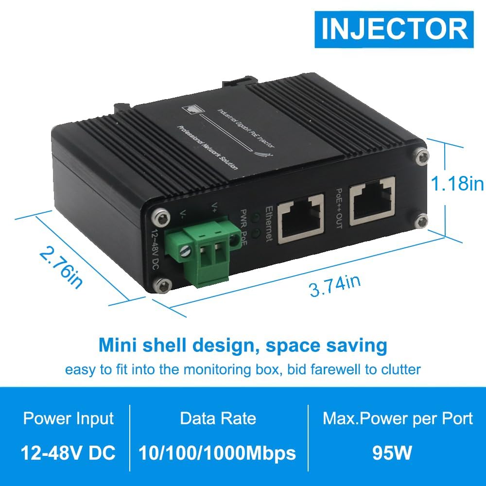 xoxnikior Industrial Gigabit 95W PoE++ Injector, 12-48VDC, DIN-Rail