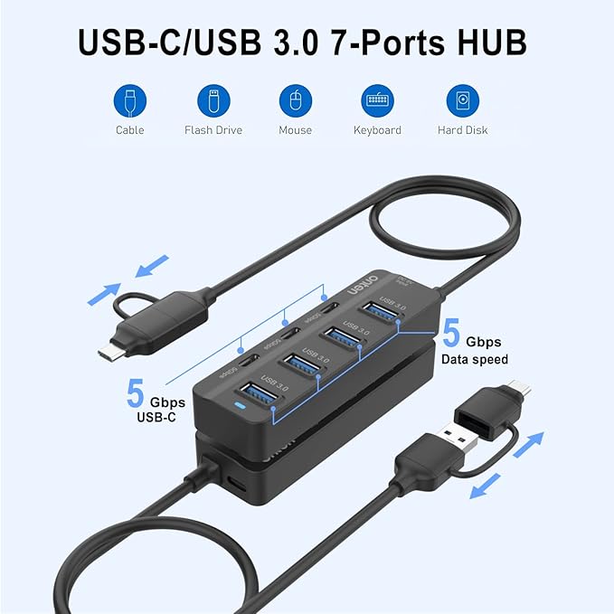 Onten USB C Hub,7 Ports USB3.0 to USB-C HUB with a USB C to USB 3.0 Adapter. 3.2ft Cable 4*USB3.0 Ports,3*USB C Ports forThunderbolt 3/4 MacBook Surface Pro and More USB/USB C Devices