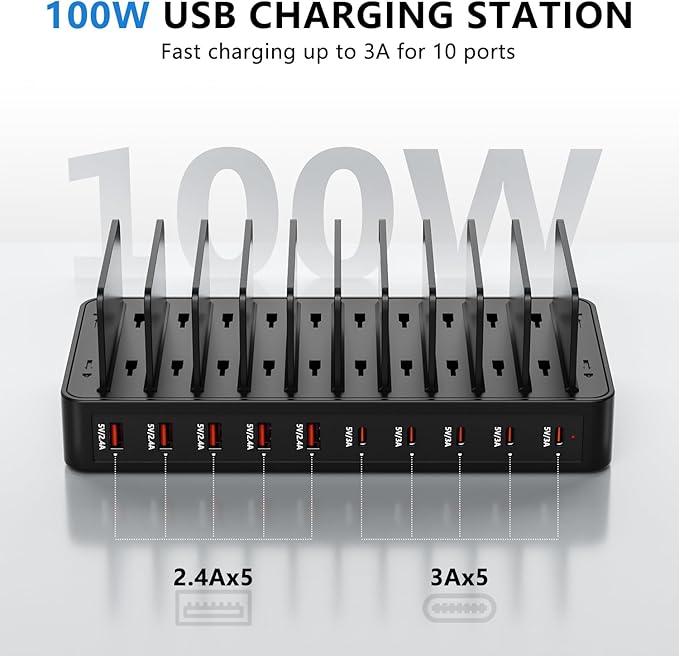 USB C Charging Station for Multiple Devices, 10-Port 100W Charging Dock, with Adjustable Dividers, USB-C Power Hub, Compatible with iPhone/Samsung/Google/Tablets/USB Devices (with 10 Cables)