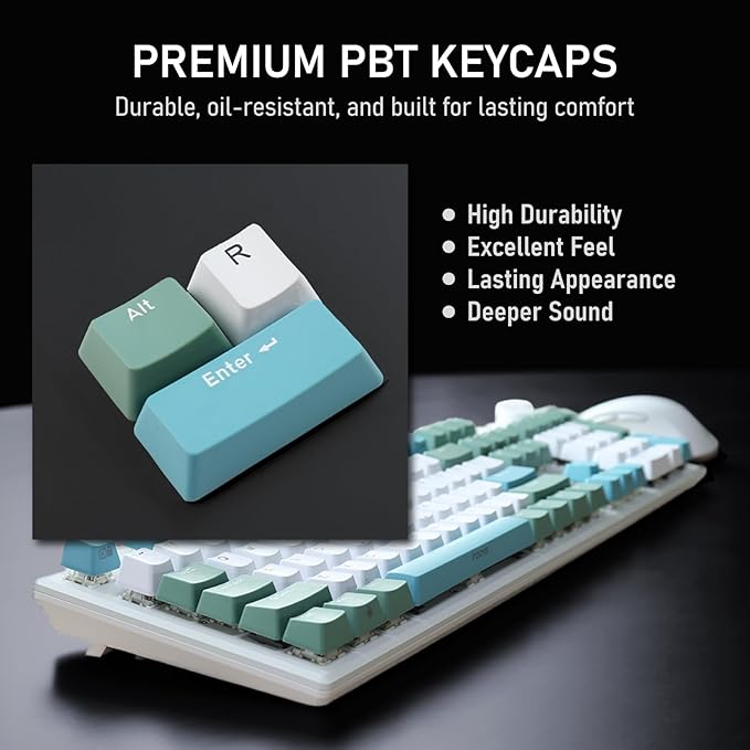 iRocks K74R Wireless RGB Illuminated Mechanical Gaming Keyboard, Hot-Swappable Switches, Easy-to-Clean Floating Design, PBT 107 Keys NKRO, Detachable USB-C Cable - Island Blue (Blue Switches)