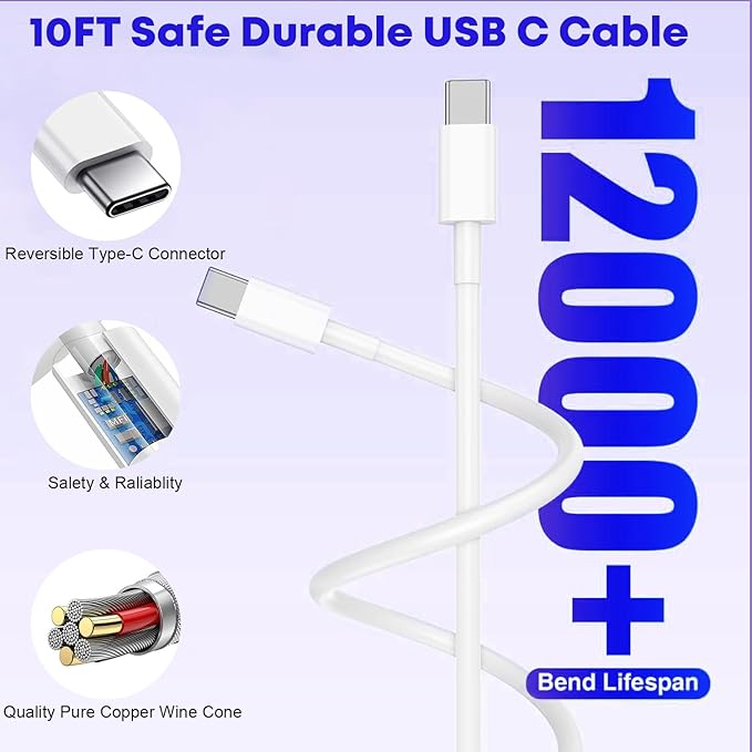 Fast Charger for iPhone 16/15 Charger,10FT Extra Long Fast Charging 3Pack USB-C Wall ChargerBlock USB C To USB C Fast Charging Cable Cord for iPhone 16 Pro Max/iPhone 15 Pro/15 Plus,iPad Pro/Air/Mini