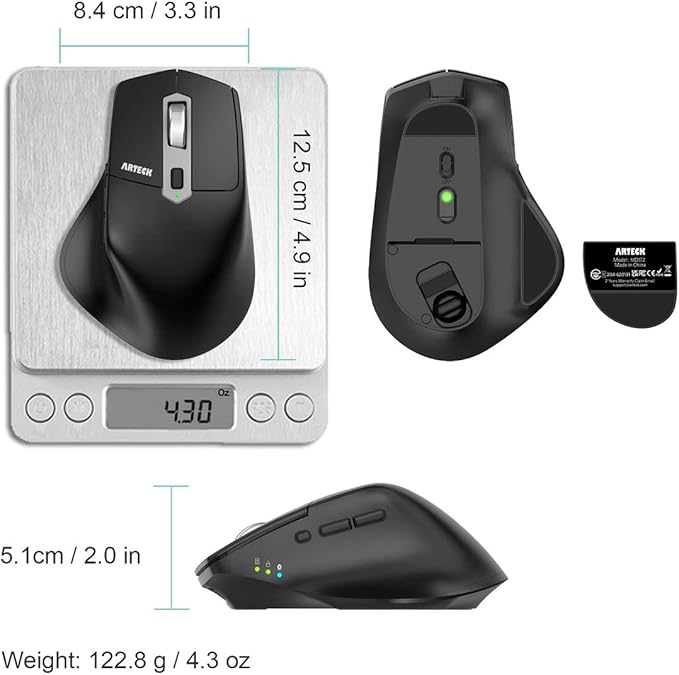 Arteck Multi-Device Wireless Bluetooth Mouse with Nano USB-A, USB-C Receiver Ergonomic Right Hand Silent Clicking Rechargeable Mouse for Computer Desktop PC Laptop Mac iPad and Windows 11/10 iPad OS