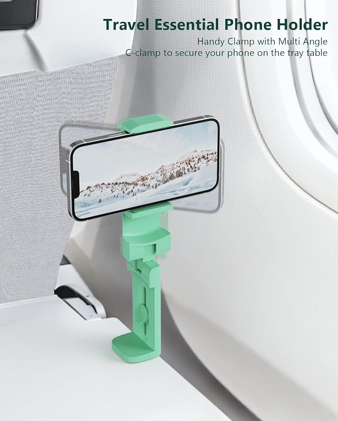 MiiKARE Airplane Travel Essentials Phone Holder, Universal Handsfree Phone Mount for Flying with 360 Degree Rotation, Travel Accessory for Airplane, Travel Must Haves Phone Stand for Desk, Table-Green