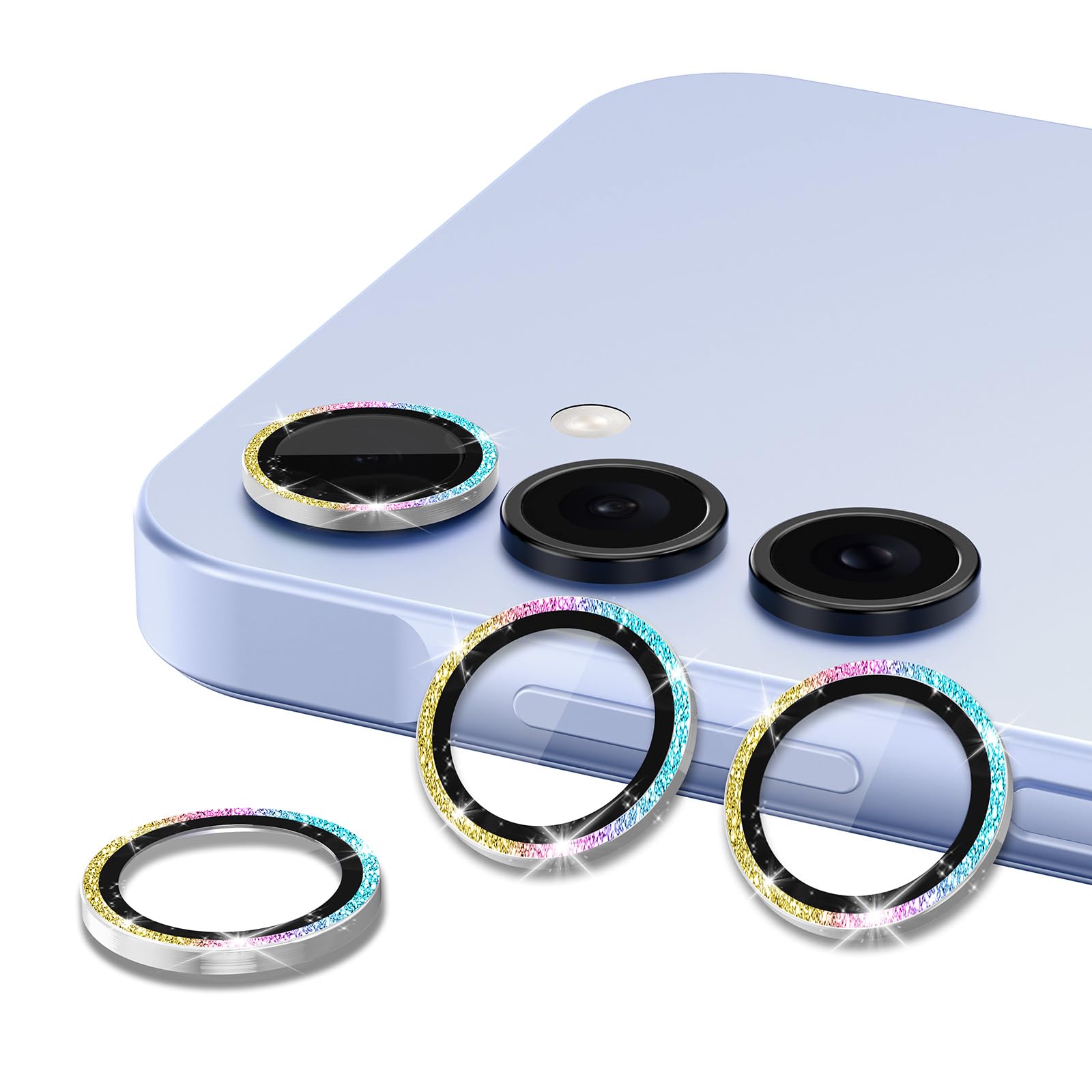 Avocase for Samsung Galaxy A35 5G Camera Lens Protector, Individual Metal Ring Tempered Glass Lens Cover, [Strong Adsorption] Scratch Resistant Ultra-Thin HD Clear Lens Cover, 1 Set-Colorful Sparkly