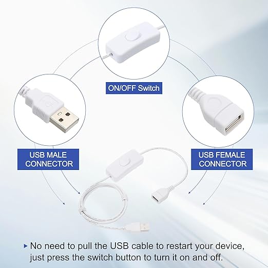 MECCANIXITY USB Extension Cable with ON/Off Toggle Switch 1m USB Male to Female Extension Cord for Desk Lamp Fan LED Light Strip White Pack of 1