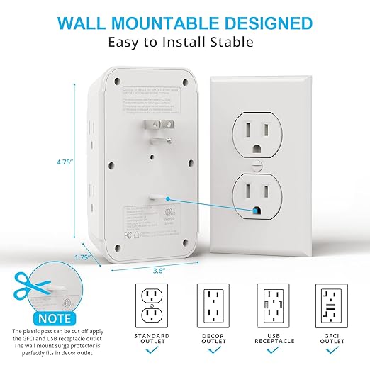 [2-Pack] USB Wall Charger,Surge Protector,6 Outlet Extender with 3 USB Charging Ports(1 USB C Outlet,3.4A) 900J Power Strip Multi Plug Outlets,Wall Mount Power Strip for Home Travel Office ETL Listed