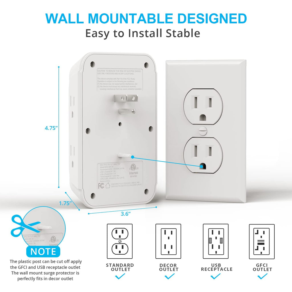 VINTAR 2 Pack Outlet Extender, 6 Outlets Wall Plug with 3 USB(1 USB C,3.4A)