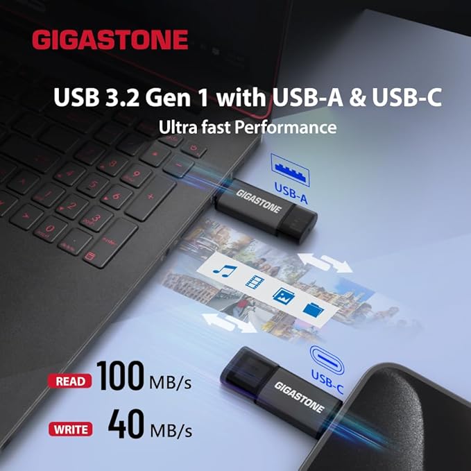 GIGASTONE 256GB Dual Flash Drive (2 Pack) Z40 USB 3.2 Gen 1, 2-in-1 Type-A & Type-C, 100MB/s Ultra Fast, Head Cap Design, Plug & Play for Smartphone/PC/Mac/TV/Car Audio, USB 2.0/3.0/3.1 Compatible