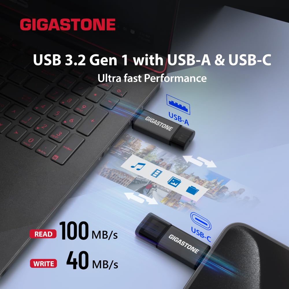 GIGASTONE 128GB Dual USB Flash Drive 2-Pack, USB 3.2 Gen 1, 2-in-1 USB C+A, Speed Up to 100MB/s, Head Cap Design Thumb Drive, Plug & Play for Smartphone/PC/Mac/TV/Car Audio, USB 2.0/3.0/3.1 Compatible