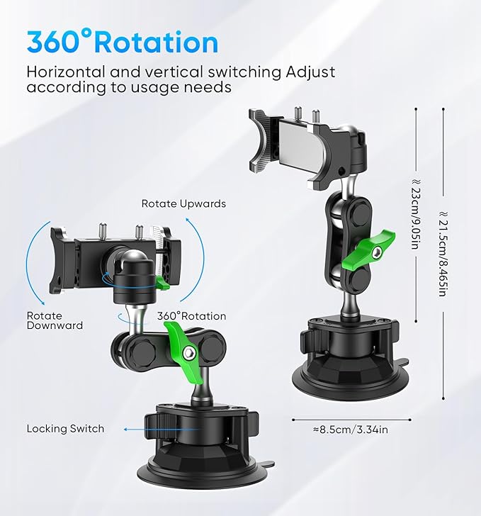 MAGIC JOHN Car Phone Holder, Ultra-Durable Mteal Phone Holders for Your Car, 360° Rotation Cell Phone Car Mount for Windshield, Suction Cup Car Phone Mount for iPhone Samsung All Smartphone