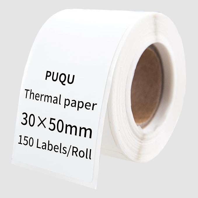 PUQU 30x50mm Direct Thermal Sticker Labels, Self-Adhesive All-Purpose Label Maker Tape, Compatible with AQ Series Label Printer, Refills Standard Laminated Office Labeling, 1 Roll of 150 Labels