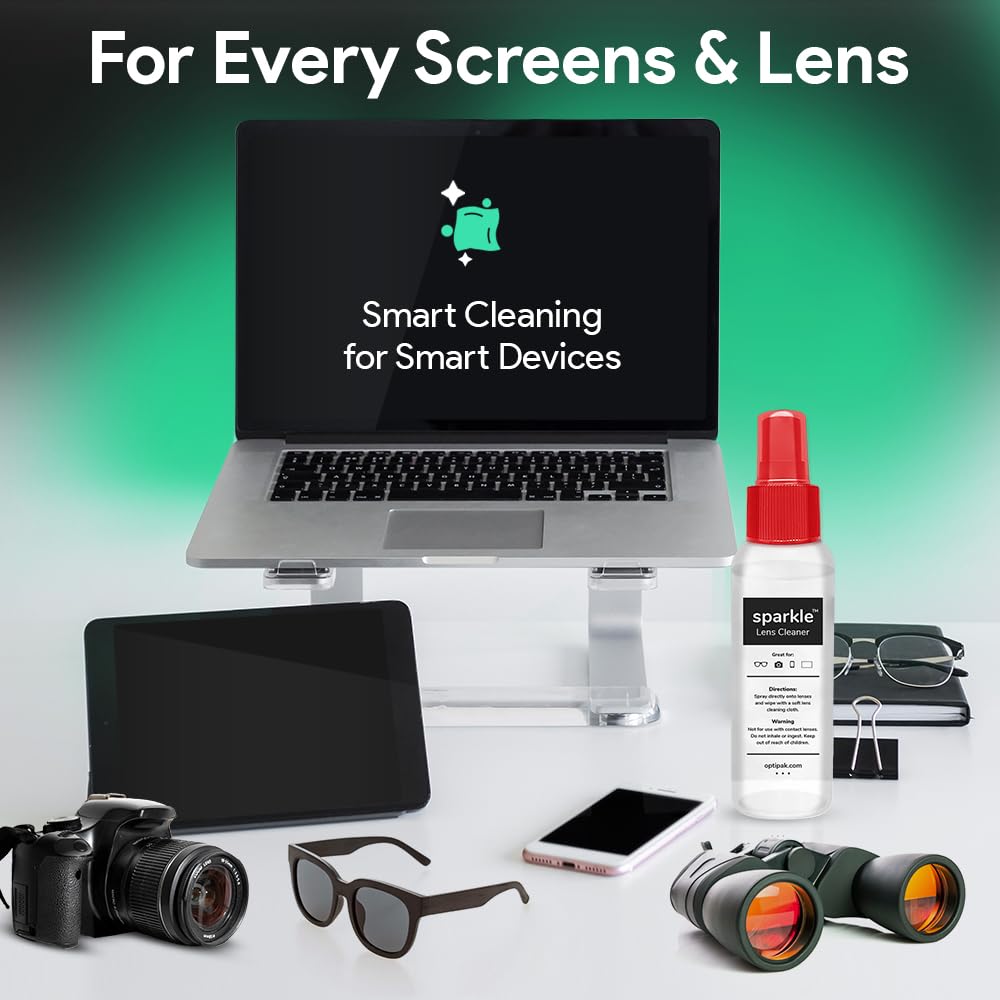 OPTIPAK Sparkle Anti-Reflective Lens Cleaner Spray kit | (1) 1oz Glasses Cleaner Spray + (1) Microfiber Cloth for Eyeglasses, Sunglasses, Lenses, Screens and Camera Cleaning Kit (2 Piece Set)