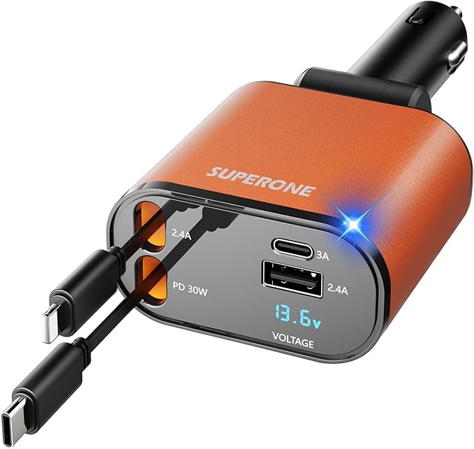 【Upgraded】 SUPERONE Retractable Car Charger 4 in 1, Fast Car Phone Charger with Cord 2.6ft, USB C and Apple Car Charger Adapter, Compatible with iPhone 15/15 Pro Max/14/13/12/11, Galaxy, Pixel