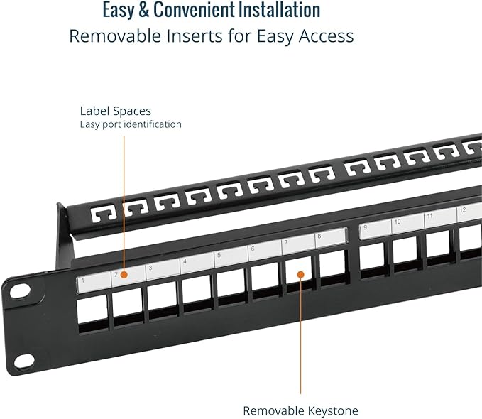 Tecmojo 24-Port Blank Keystone Patch Panel, 1U 19" Rackmount Housing with Cable Management Support Bar, Black
