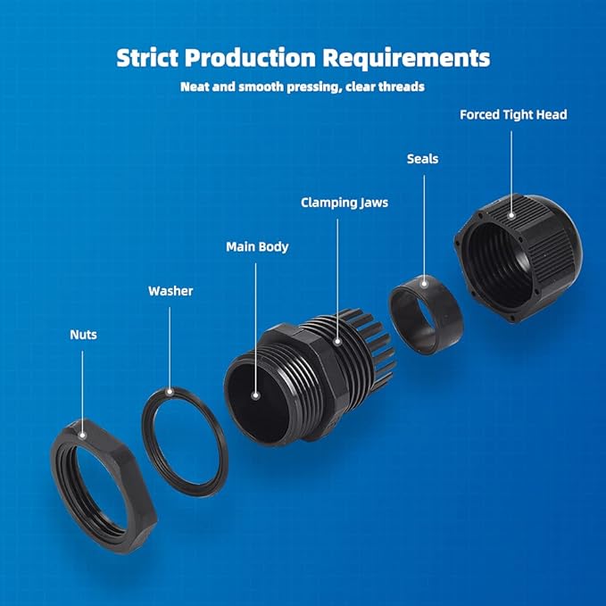 Cable Gland 20 Pack Plastic Waterproof Adjustable Connector 6-12mm PG13.5 Strain Relief Cord Connectors Joints Nylon with Gaskets