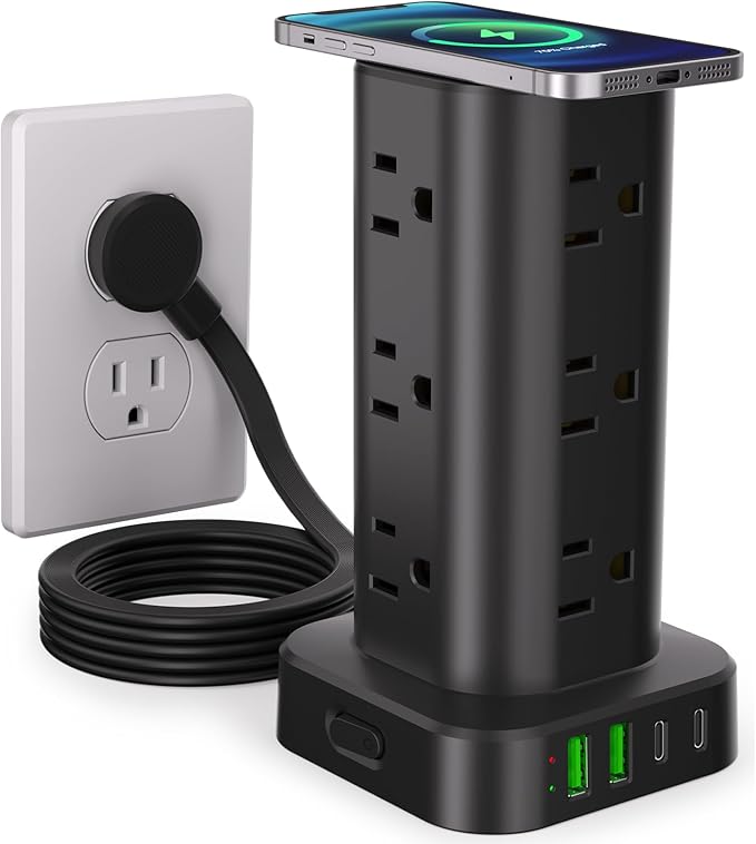 Power Strip with Wireless Charger, Flat Plug Surge Protector with 6FT Extension Cord, 12 AC Multiple Outlets, 4 USB (2 USB C), 15W Wireless Charging Power Tower for Home Office Dorm, Black