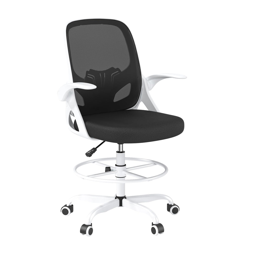 Kensaker Drafting Chair Tall Office Chair, Ergonomic Standing Desk Chair with Adjustable Foot Ring and Flip-up Armrests, Mesh Computer Chair for Art Studio, 300 LBS, White