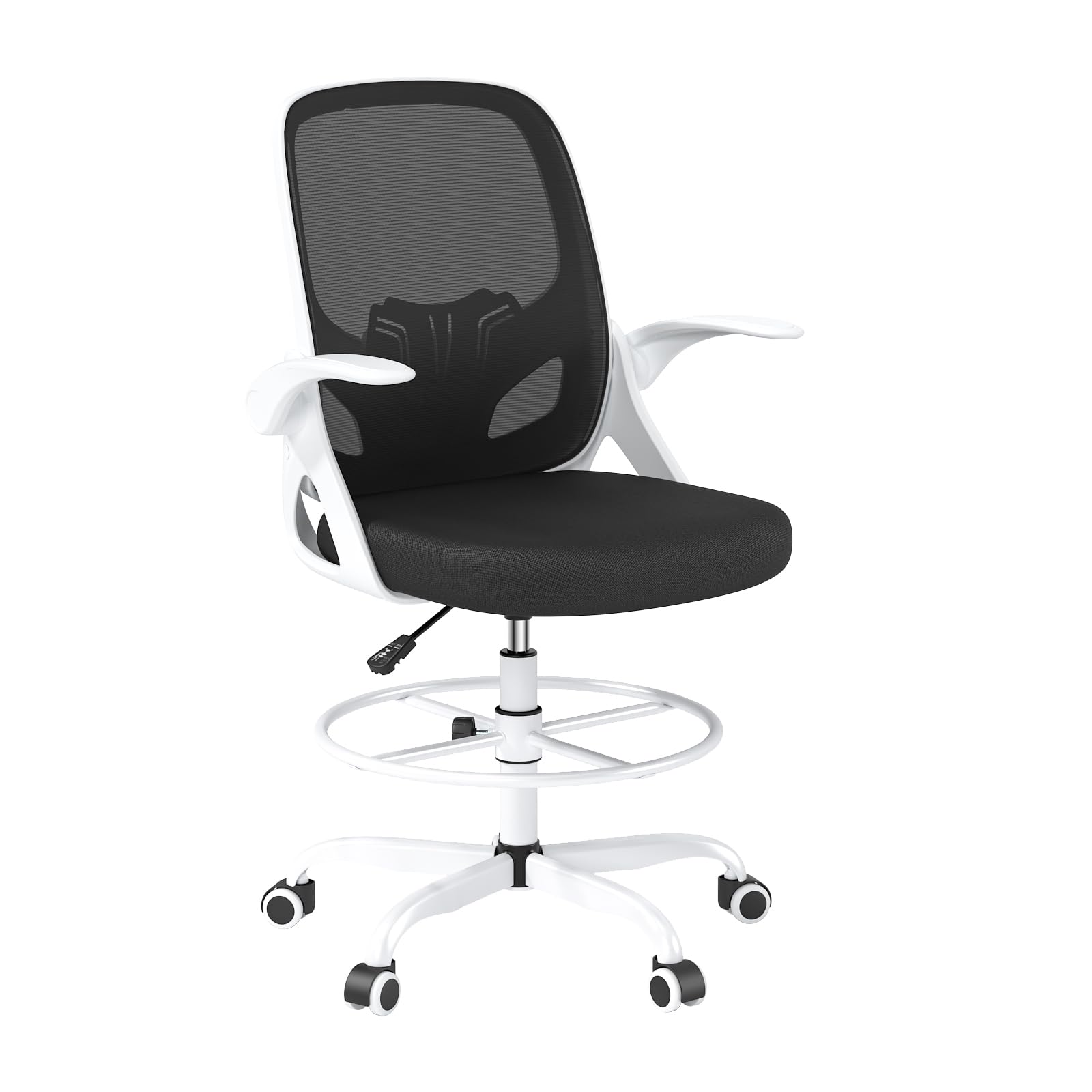 Kensaker Drafting Chair Tall Office Chair, Ergonomic Standing Desk Chair with Adjustable Foot Ring and Flip-up Armrests, Mesh Computer Chair for Art Studio, 300 LBS, White
