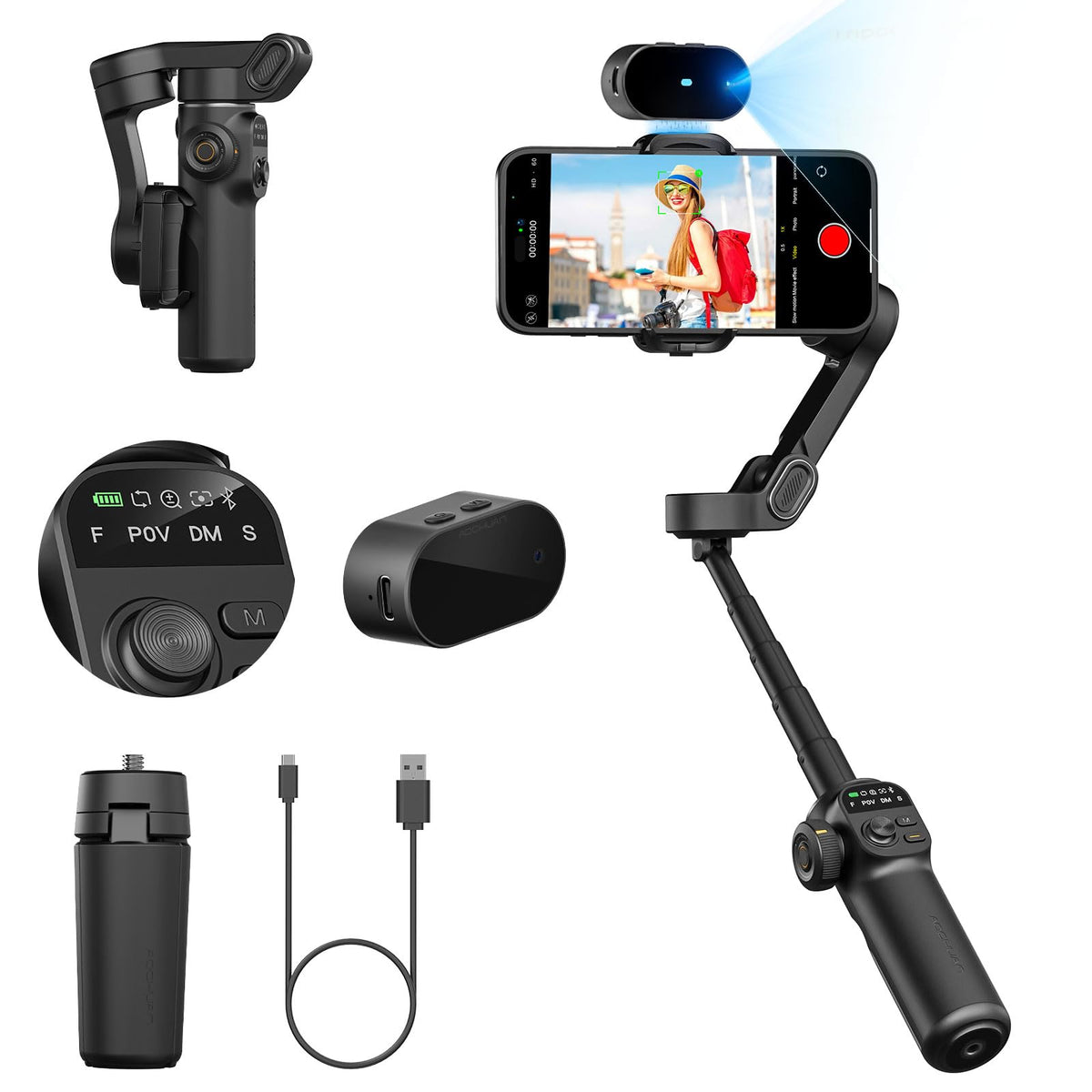 AOCHUAN Smart X2 3-Axis Gimbal Stabilizer for Smartphone with Adjustable RGB Fill Light, Built-in 20cm Extension Pole Selfie Stick, OLED Screen for Night Shots, Video Recording,X2 KIT White