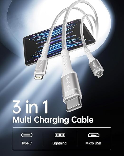 Short Multi Charging Cable 1FT 2Pack 3 in 1 Charger Cord Braided Universal Phone Cords with Lightning/Type C/Micro USB Connectors, Multiple USB Cable for iPhone/Samsung/Google Phones and More