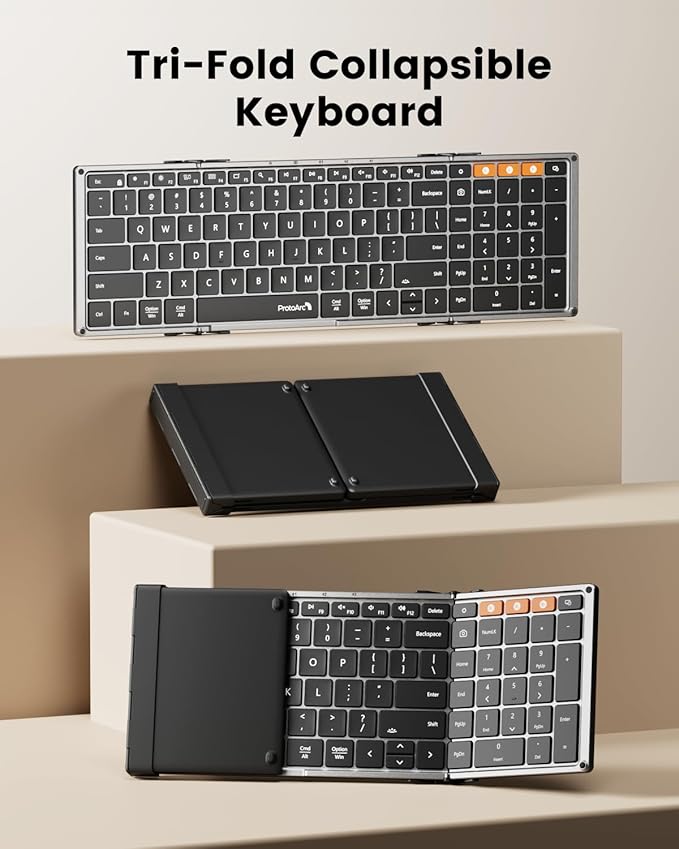 ProtoArc Backlit Foldable Keyboard, XK01 Plus Folding Portable Bluetooth Keyboard for Travel, True Full Size External Wireless Keyboards with Backlight for iPad Tablet Smartphone Laptop PC
