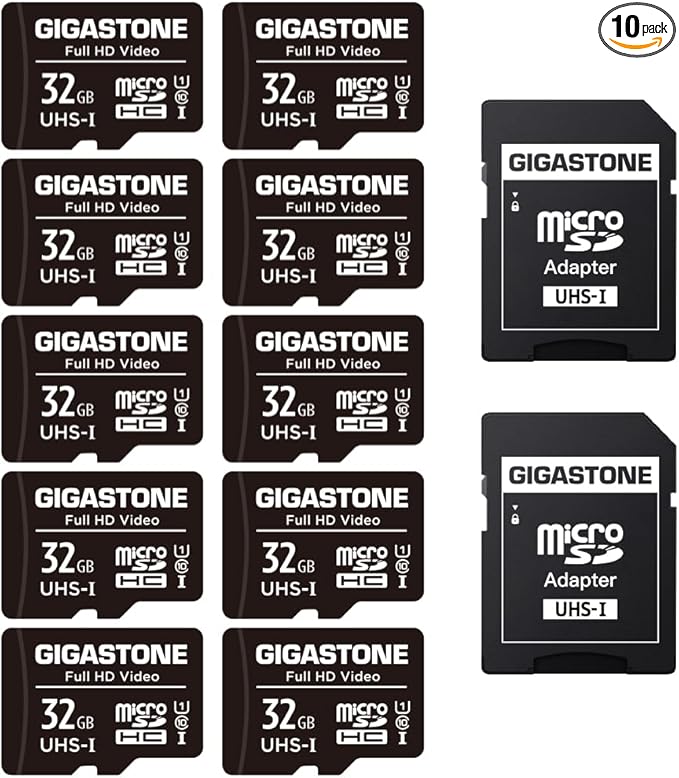 GIGASTONE 32GB 10-Pack Micro SD Card, Full HD Video, Surveillance Security Cam Action Camera Drone, 90MB/s Micro SDHC UHS-I U1 C10 Class 10