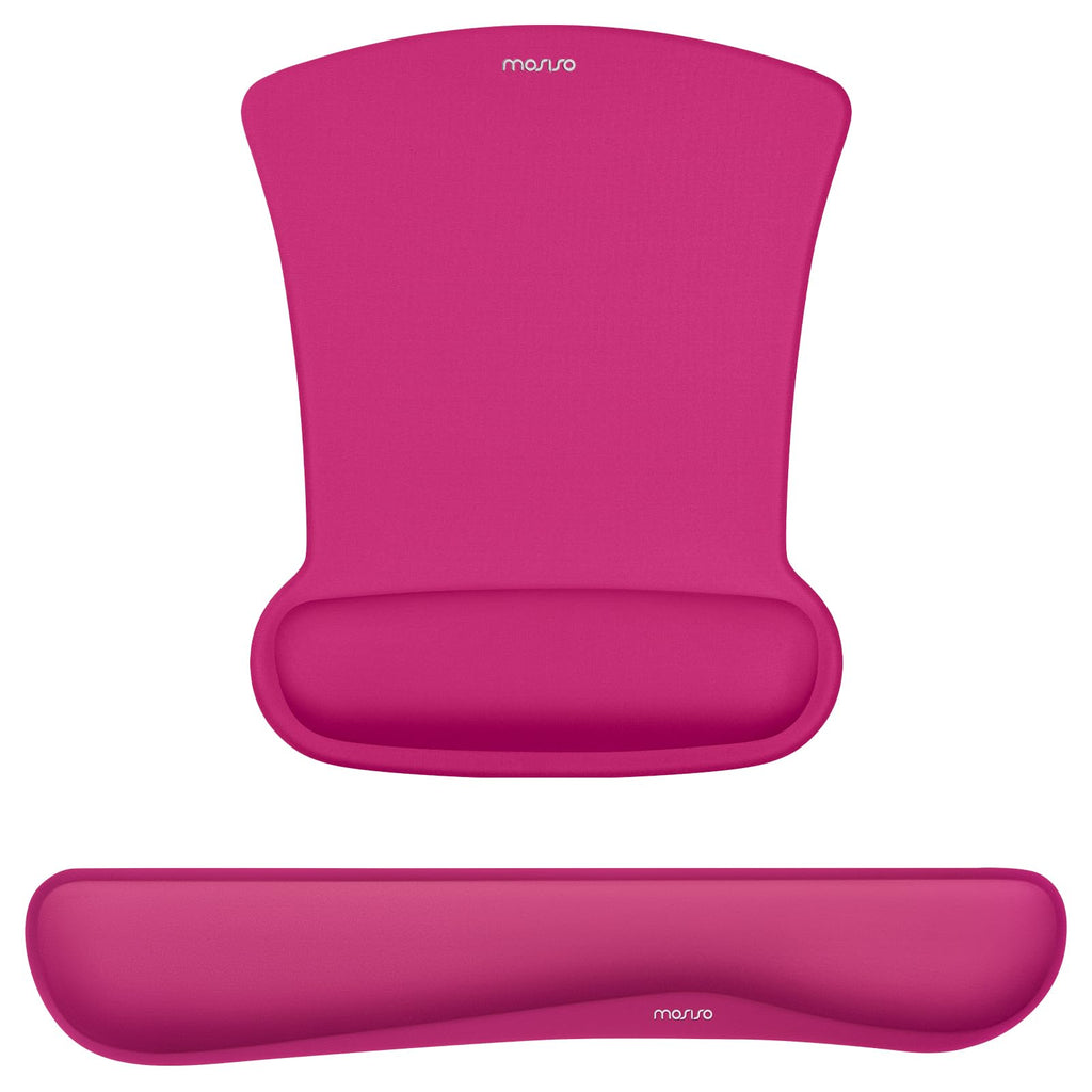 MOSISO Wrist Rest Support for Mouse Pad & Keyboard Set, Ergonomic Mousepad Non-Slip Base Home/Office Pain Relief & Easy Typing Cushion with Neoprene Cloth & Raised Memory Foam, Rose Red