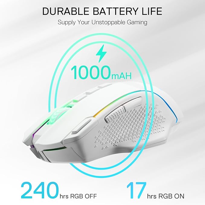 Redragon M991 Wireless Gaming Mouse, 26000 DPI 3-Mode Gamer Mice w/Rapid Fire Key, 9 Macro Buttons, Powerful Capacity and RGB Backlight for PC/Mac/Laptop, White