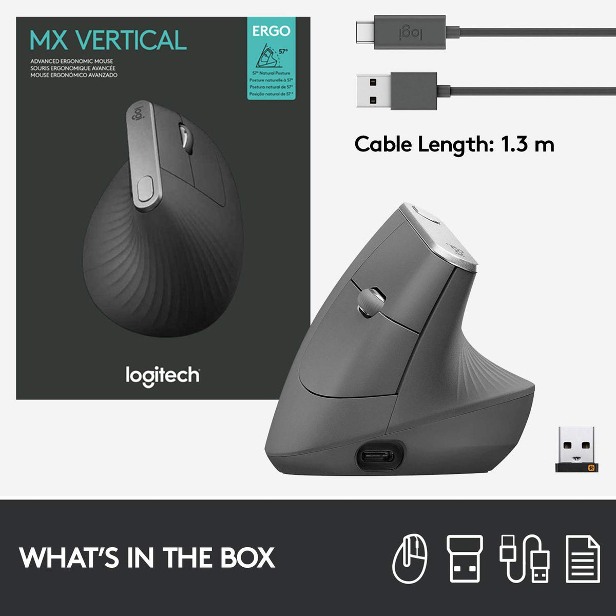 Logitech MX Vertical Wireless Mouse Ergonomic Design - Graphite