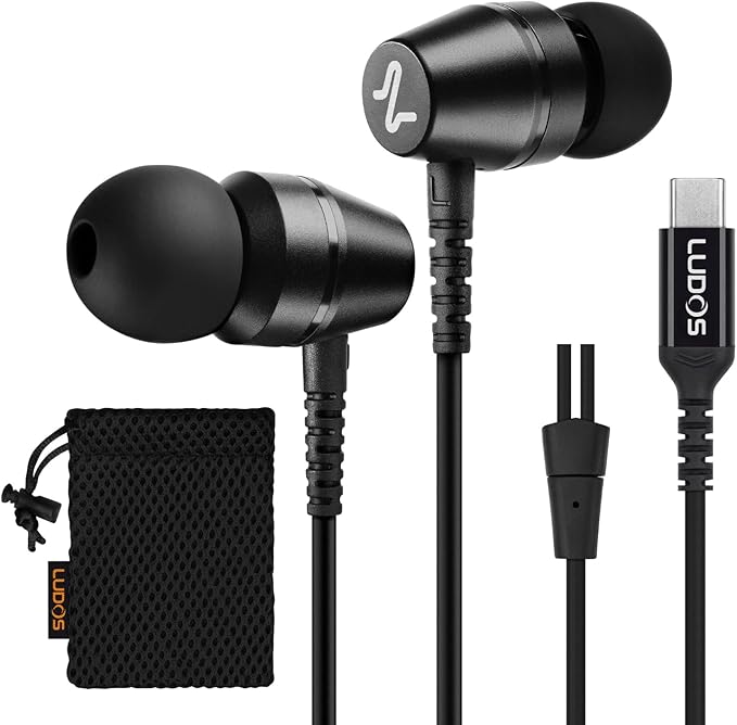 LUDOS OMNITONE USB C Headphones for iPhone 16 15 Pro Max Plus iPad Pro, 5 Years Warranty, USB-C Earbuds for Samsung Galaxy S24 S23 Ultra S22 S21 FE S20 A55 A54 A53, USB Type C Earphones - Black
