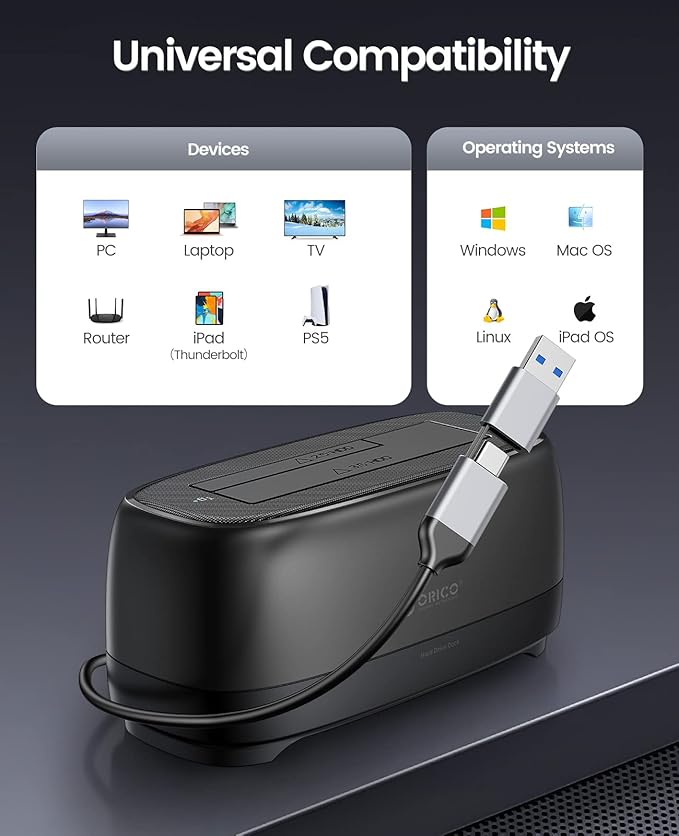 ORICO Hard Drive Docking Station for USB C 2.5”/3.5” SSD HDD SATA I II III External Hard Drive Dock 22TB 2 in-1 Type C to USB A Cable (DD18C3)