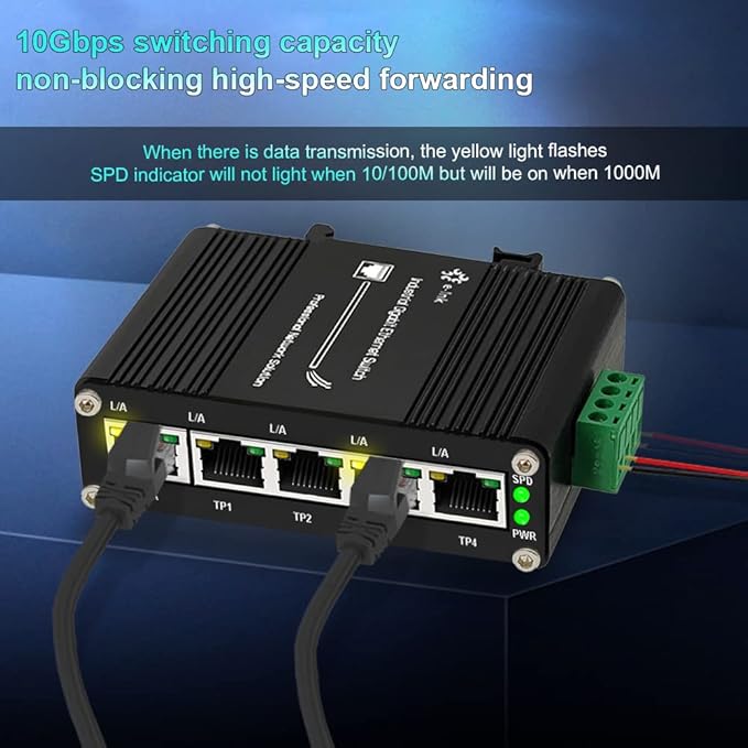 Mini Industrial 5 Ports Gigabit Switch Hardened 5 Port RJ45 10/100/1000Mbps Ethernet Switch Din Rail Mount Ethernet Switch Wall Mounts Included (-40 to 167 ºF) 10Gbps Switching Capacity