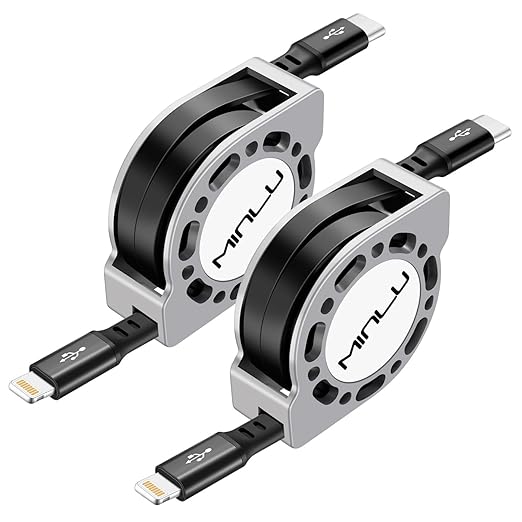 MINLU USB Type C to Lightning Cable 4Ft 2Pack, Retractable iPhone Charger Fast Charging for Retractable Car USBC iPhone Cord for iPhone14/13/12/11 Pro Max/XS/XR/X/iPad/CarPlay