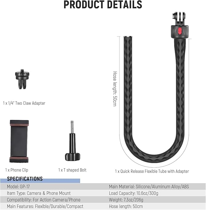 NEEWER Flexible Phone Holder with Magnetic Quick Release Camera Mount Compatible with Insta360 DJI Action 4 iPhone, Bendable Selfie Stick for Shopping Cart/Stroller/Treadmill/Gym, GP-17