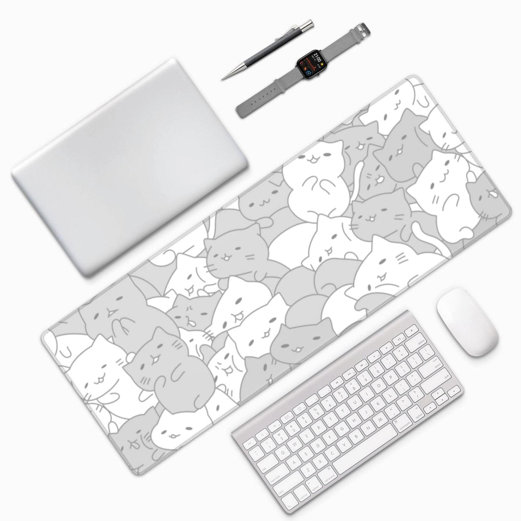 White Kawaii Cats E-Sport Mouse Pad Large Desk Mat Non-Slip Rubber Base Stitched Edge Keyboard Mouse Pad for Office Home E-Sport Computer Laptop, 31.5×11.8 Inches