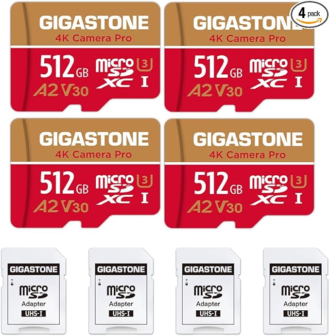 [5-Yrs Free Data Recovery] GIGASTONE 512GB Micro SD Card 4-Pack, 4K Camera Pro, A2 V30 Compatible with Gopro, Dash Cam, DJI, Drone, Security Camera, Speed Up to 100MB/s, UHS-I U3 C10, with Adapter
