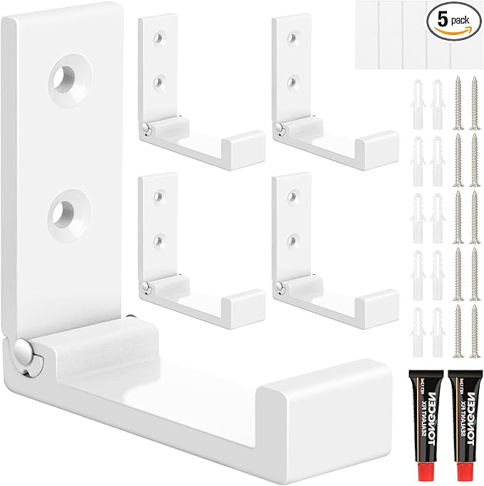 Folding Coat Hooks, 5pcs White Wall Hooks Heavy Duty for Hanging Coat Towel Backpack, Foldable Adhesive Hooks, Headphone Jacket Holder, Aluminum Alloy Hook with Screws for Purse Hat Bag Keys