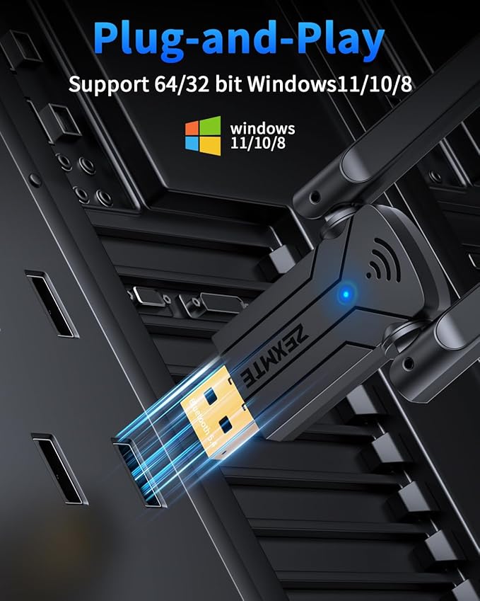 ZEXMTE 5.4 USB Bluetooth Adapter for PC, Plug & Play Bluetooth Transmitter & Reciver, EDR & BLE, High Gain Antenna, 590FT / 180M Long Range for PC Windows 11/10/8