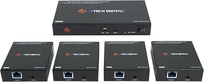 J-Tech Digital HDMI Extender Splitter 1x4 Over Single Cat5e/6 Ethernet Cable Up To 164ft. Supports PoC HDMI Loopout IR Control EDID Switch