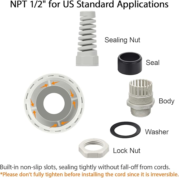 LeMotech 50Pcs NPT 1/2" IP68 Waterproof Cable Gland Flex Spiral Strain Relief Grey Nylon Joint with Gaskets for 6-12mm Wire Thread