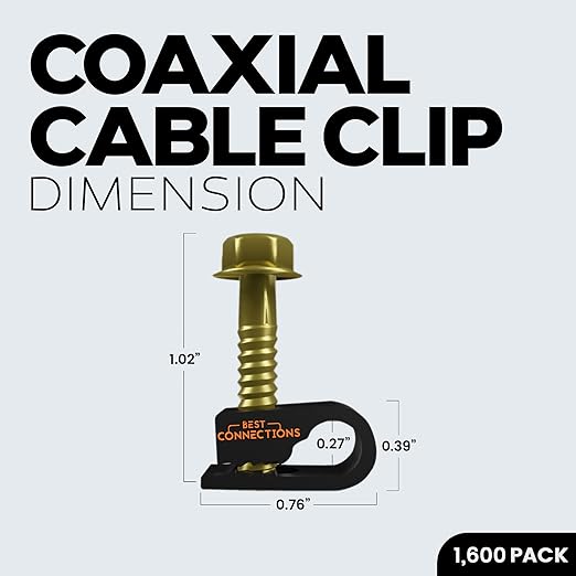 BEST CONNECTIONS Coaxial Cable Clips with Pre-Inserted Screw (1,600 Pack) – Black Single Cable Mounting Clamps for Coax Cable (RG6, RG59) and Ethernet Cable – Cord Fastener/Strain Relief Clip