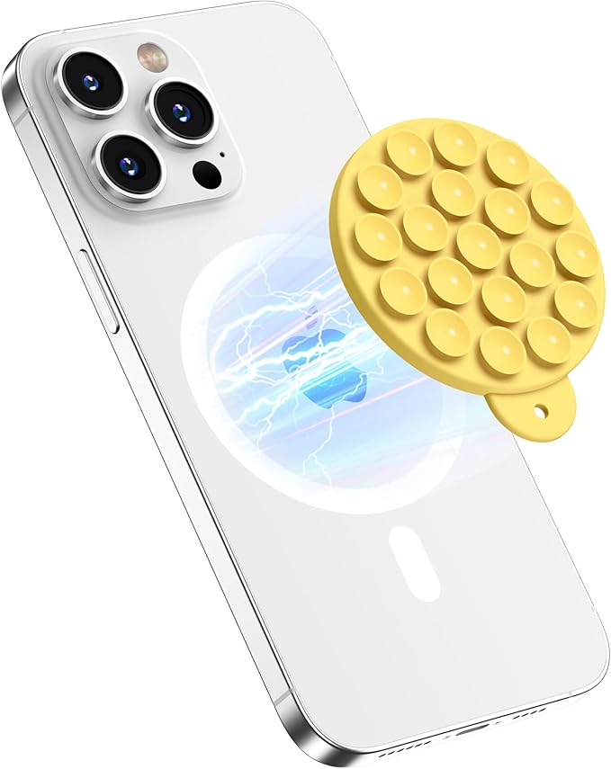 Magnetic Suction Cup Phone Mount for MagSafe Case, Silicone Hands-Free Grip Holder for iPhone and Android, Mirror Shower Phone Stand for Makeup FaceTime Gym Kitchen Bathroom, Yellow