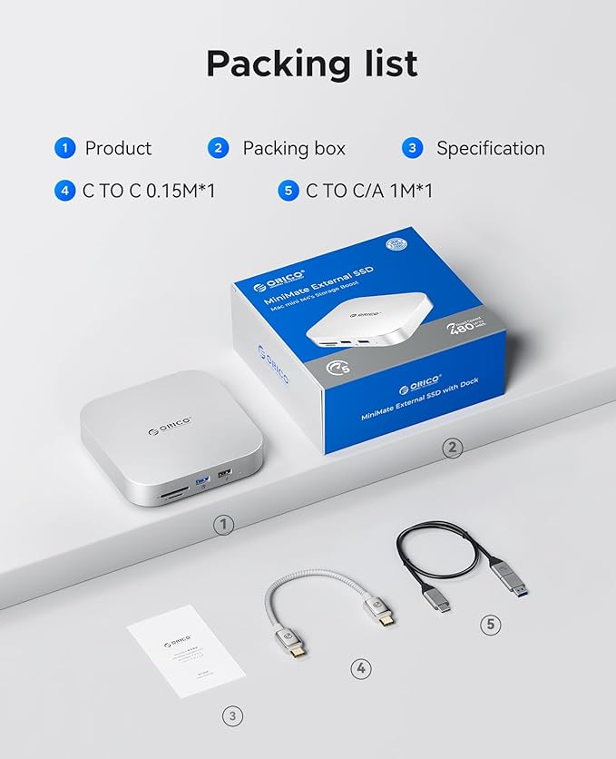 ORICO MiniMate SE Mac mini M4 512GB Storage & Docking Station, External SATA SSD (Non-Removable) 5Gbps(480MB/s), USB A*4, USB-C, SD/TF 3.0, 3.5mm Audio, Includes 2 Cables – M4SE