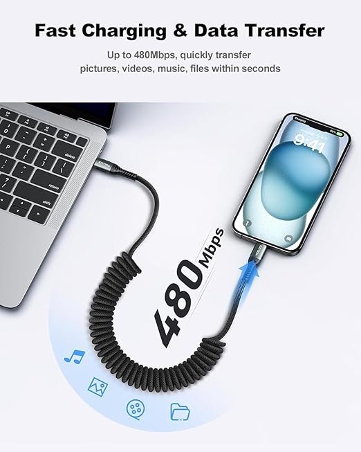 USB C to USB C Cable Coiled 6FT 2Pack, Braided Type C Charger for Car-Black