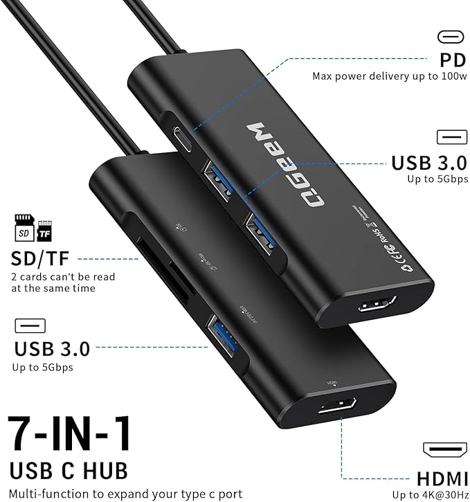 USB C Hub, QGeeM USB 4k to HDMI Adapter, 7 in 1 USB-C Dongle with 100W PD,USB 3.0, Card Reader, Compatible for MacBook iPhone 15/16 Ipad Pro max,Chromebook Laptop USB Type C Dock-Black