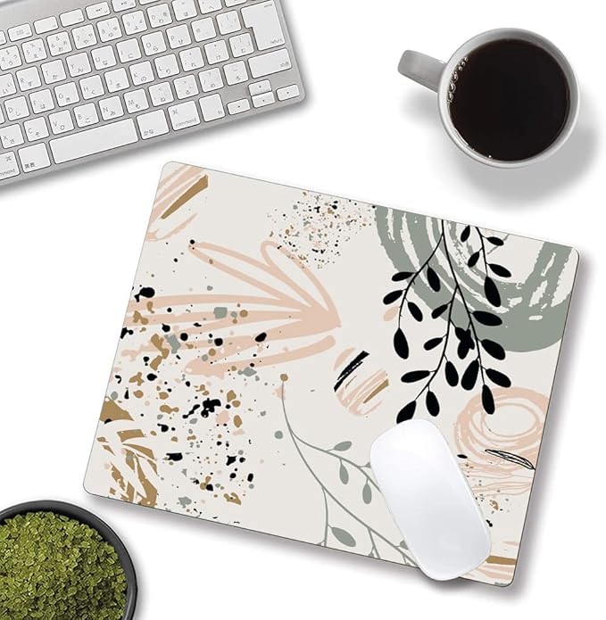 Mouse Pad with Abstract Art Design, Square Waterproof Non-Slip Rubber Base Mouse Mat for Office Laptop, Modern Boho Leaves