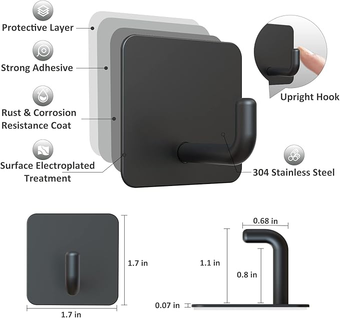 VIS'V Adhesive Hooks, Metal Shower Wall Stick on Hooks, Waterproof, 2 Extra Adhesive Strips, Black, 4 Pcs