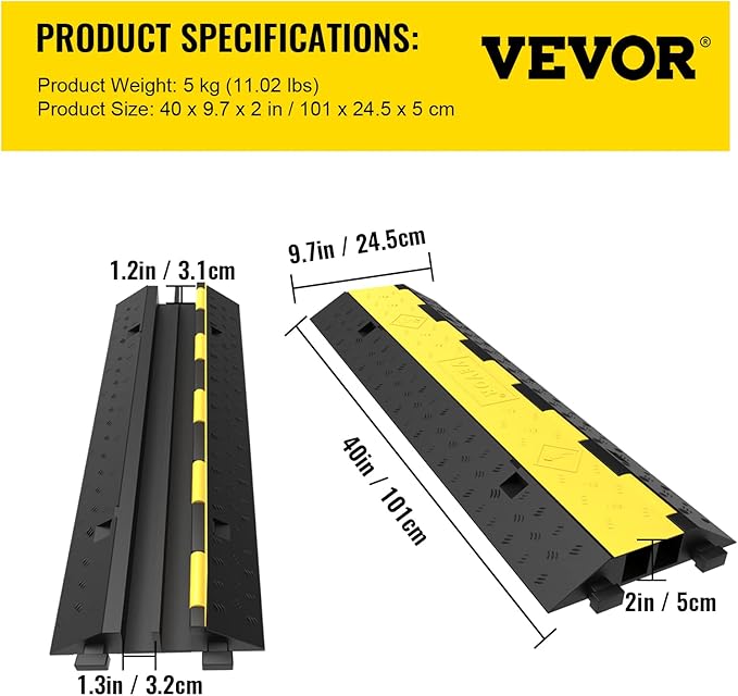 VEVOR Cable Protector Ramp, 4 Packs 2 Channels Rubber Modular Speed Bumps Rated 11000 LBS Load Capacity, Protective Wire Cord Ramp Driveway Rubber Traffic Speed Bumps Hump Cable Protector