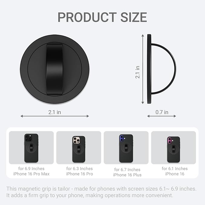 Grat 3 Lite Magnetic Phone Loop, [Nylon-core Silicone Strap] 360° Rotatable Phone Grip, Detachable Finger Holder Compatible with Magsafe for iPhone 16 15 14 13 12 Pro/max, Black